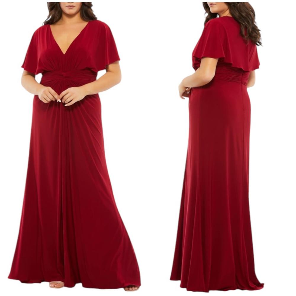 Mac Duggal NWT Fabulouss V-neck Pleated Twisted Waist Gown Cape Sleeve Size 16W